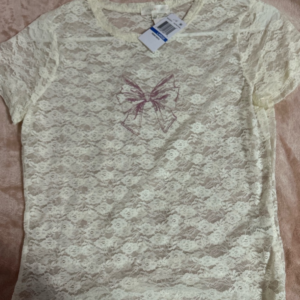 Ultra Flirt Cream Lace Blouse with Pink Bow